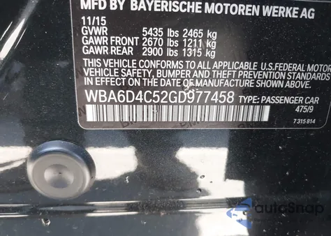 2016 BMW 650I Gran Coupe z USA, uszkodzony, nr VIN WBA6D4C52GD977458